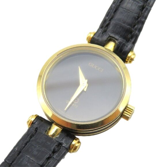 Gucci Vintage Y2K 18k Gold Plated GG Black Face Leather Band Dainty Stack Watch - Picture 3 of 9